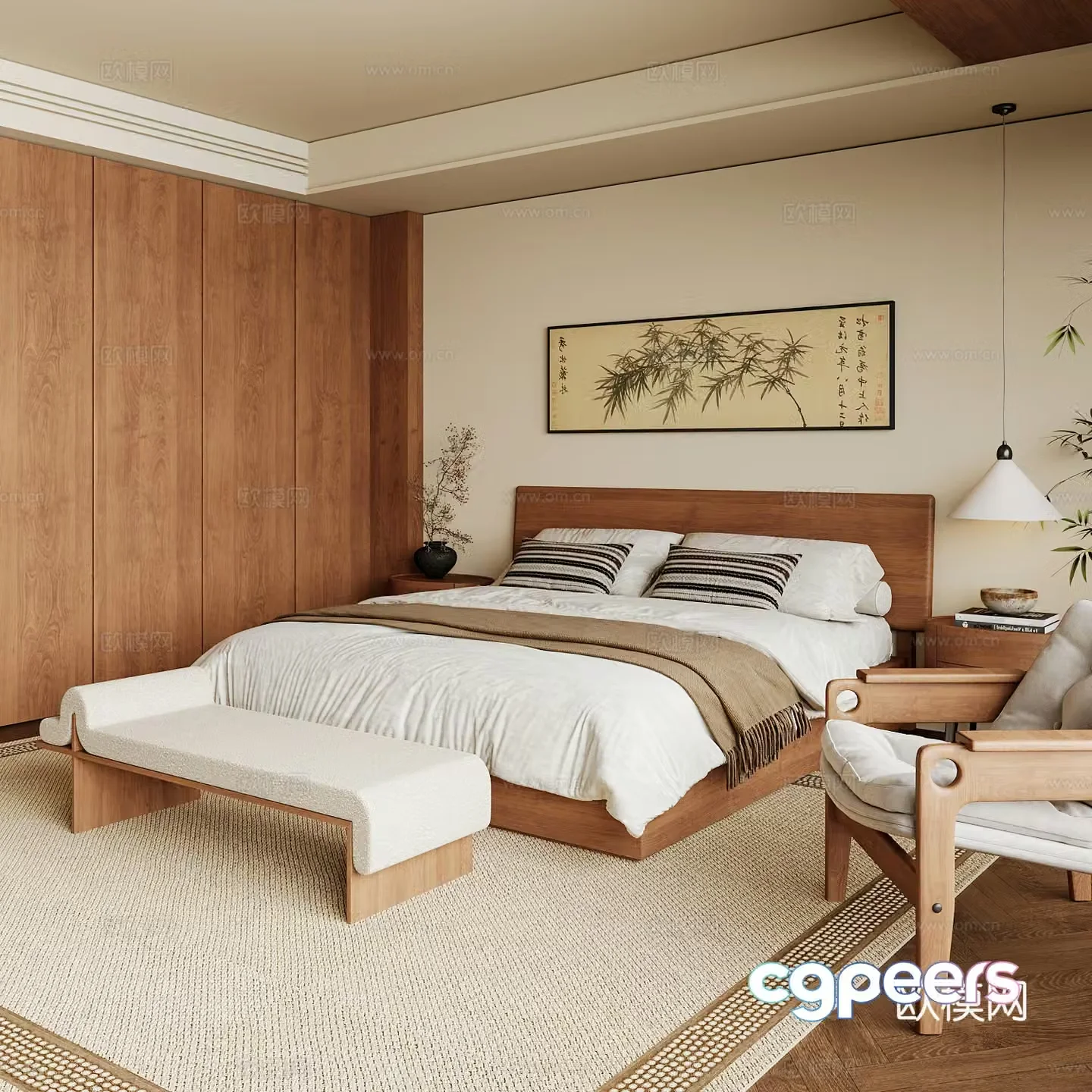 New Chinese style home bedroom Song family aesthetic bedroom Song style bedroom New Chinese style double bed New Chinese 3D model