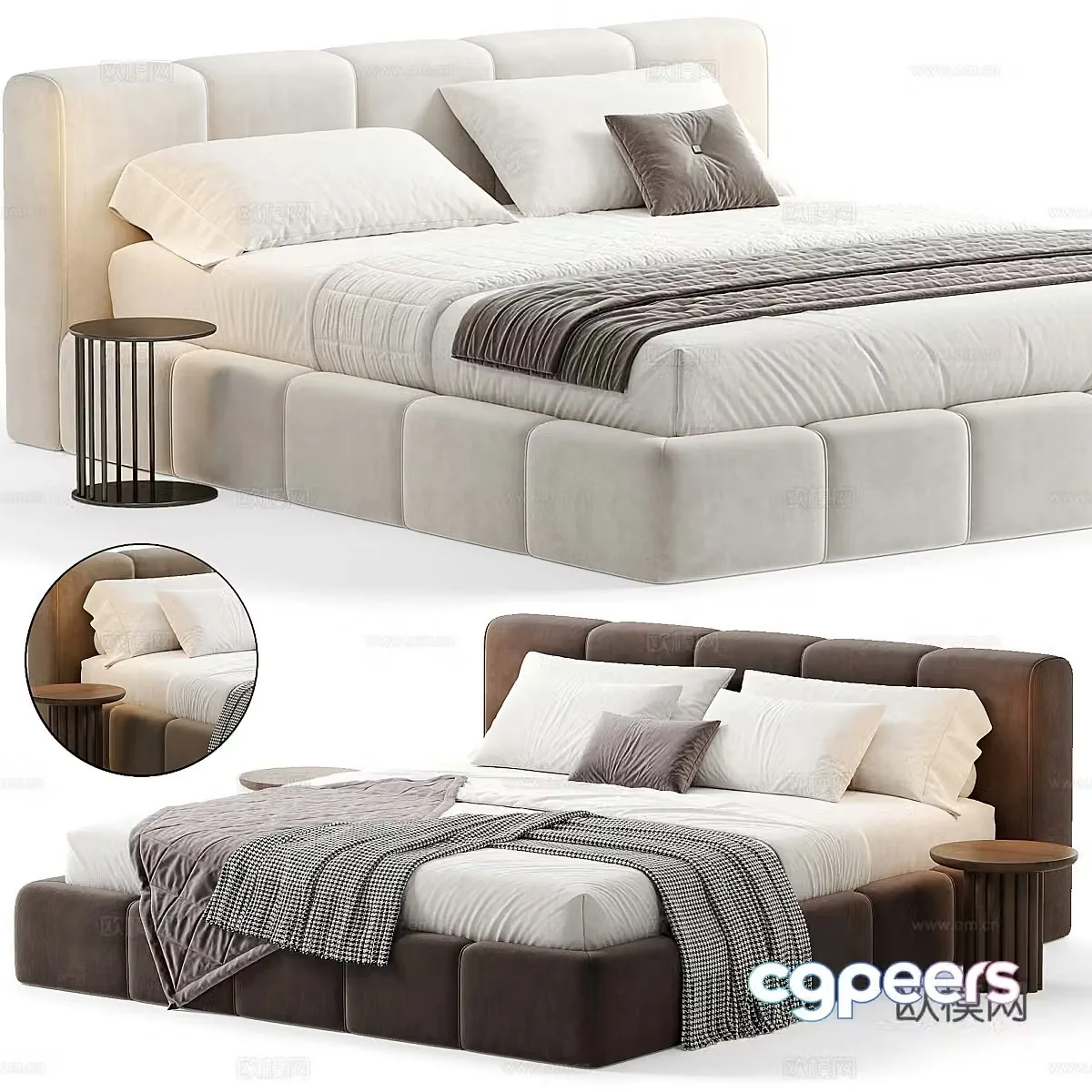Modern cream style fabric double bed 3d model