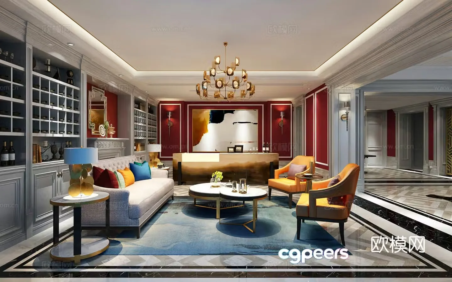 European living room and dining room multi-person sofa single sofa coffee table chandeliers bar steel 3D model