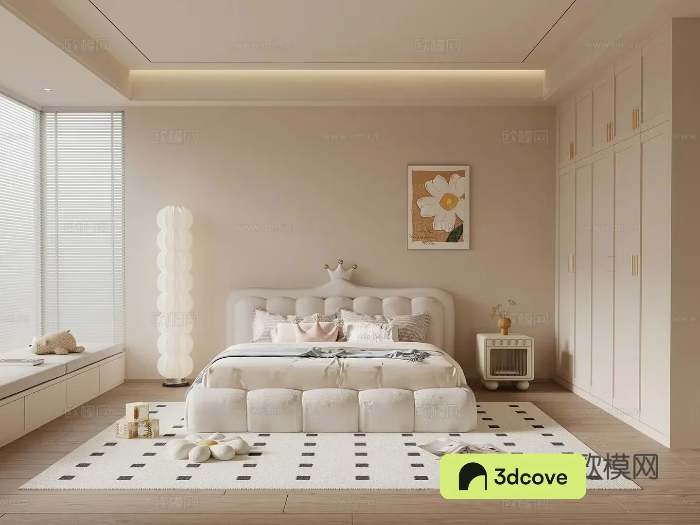 Modern Cream Bedroom Children’s Bed Double Bed Nightstand Chandelier