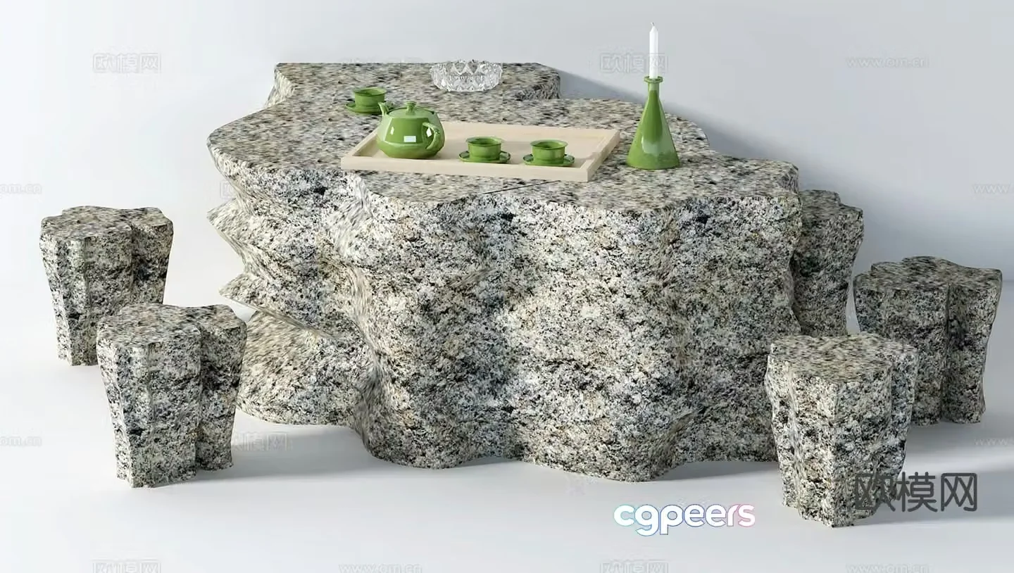 Chinese tea table tea set stone stool stone table 3d model