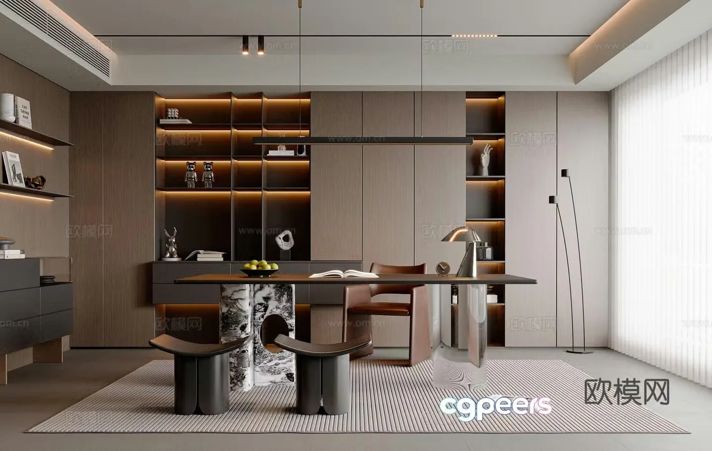 Modern Italian study desk and chair combination Alec single chair chandelier bookcase pier 3D model