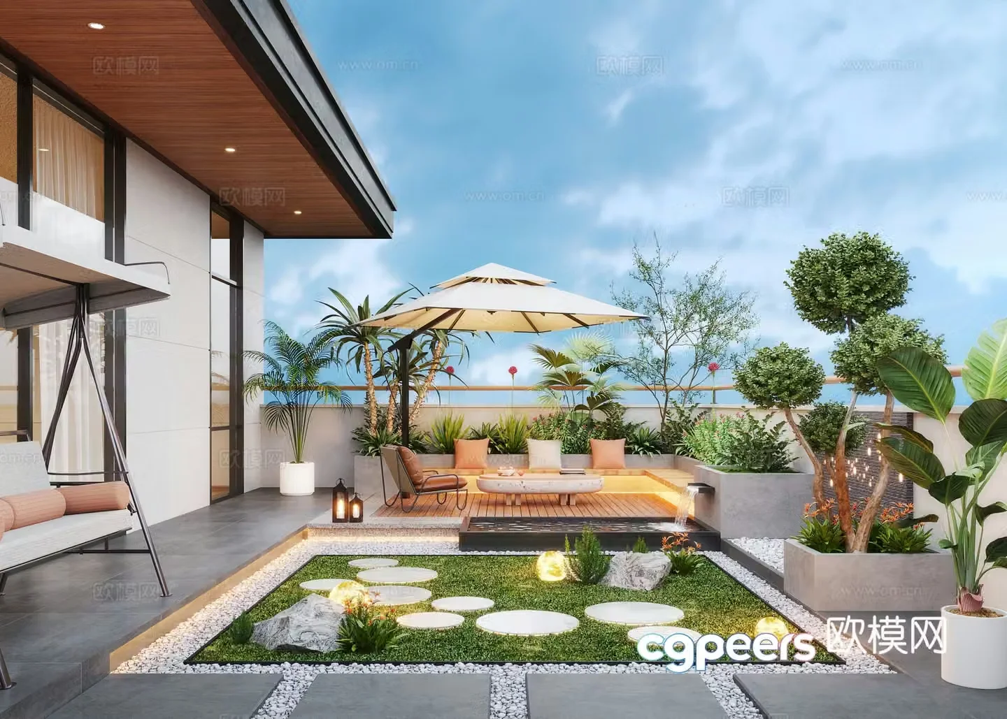 Modern roof garden water view pool leisure chair swing garden balcony 3d model