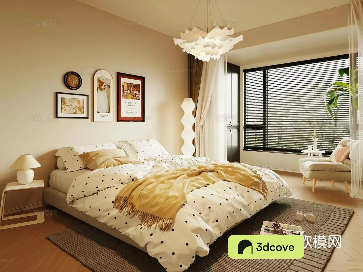 Creamy Bedroom Bedding Combination Double Bed Leisure Chair