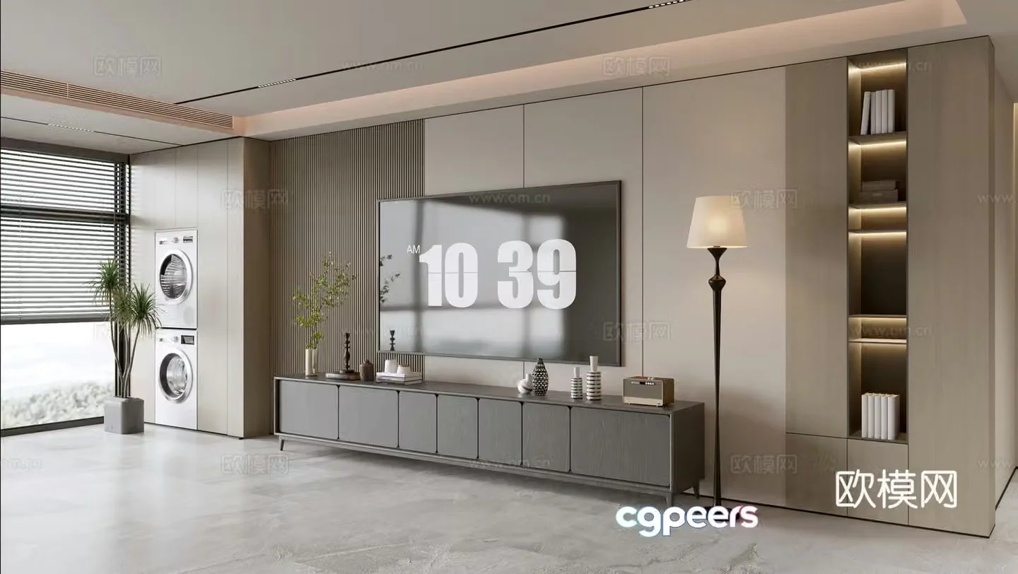 Modern simple living room light luxury TV background wall full wall TV cabinet wooden veneer background wall laundry 3d model