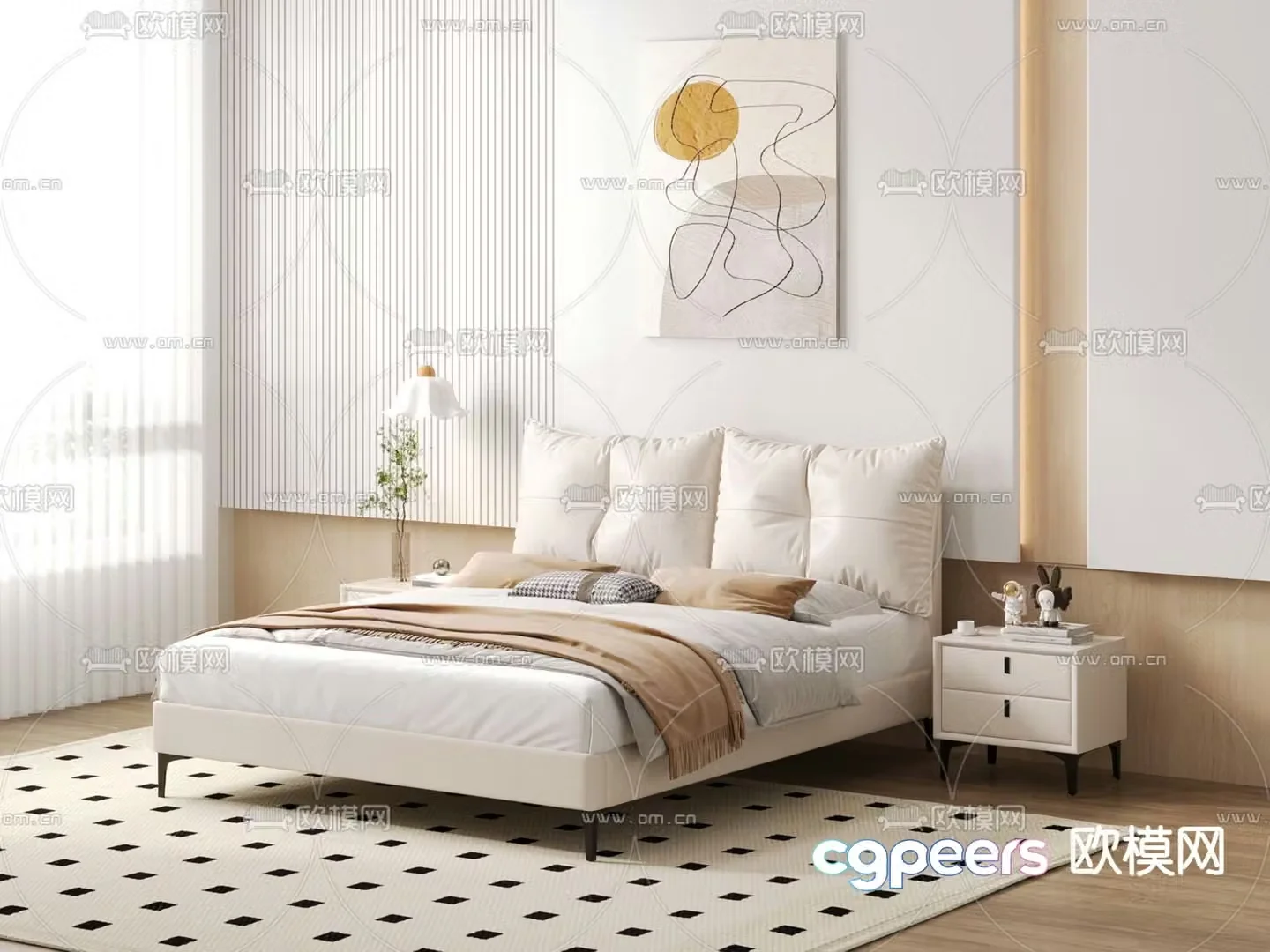 Cream style double bed 3d model