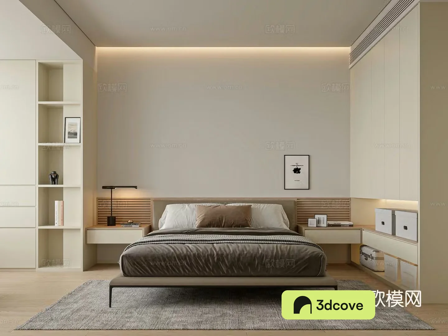 Modern cream master bedroom Minimalist cream bedroom Suspended bedside table Minimalist leisure chair