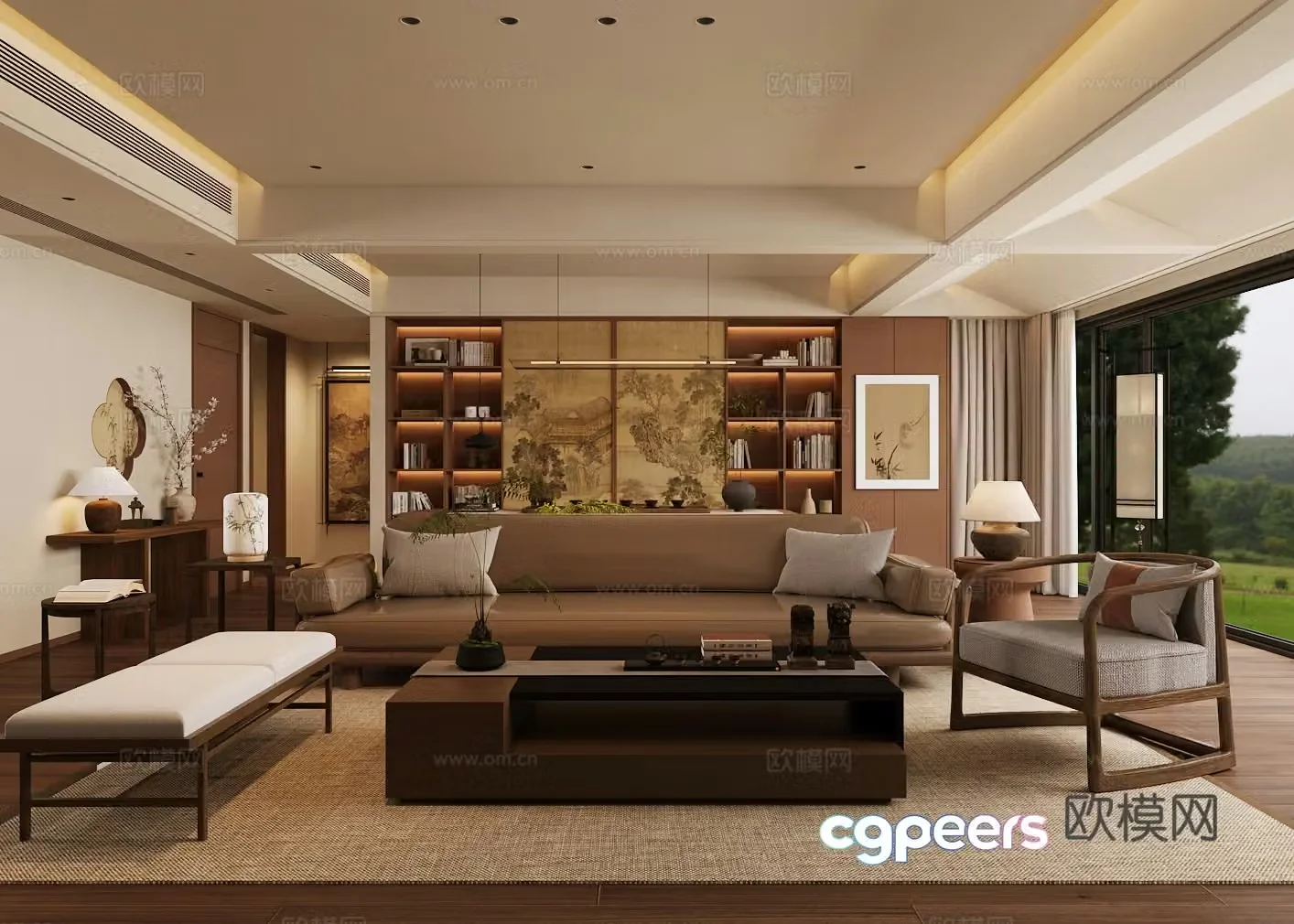 New Chinese-style Zen home living room Song-style living room Chinese-style horizontal living room sofa coffee table combination 3D model