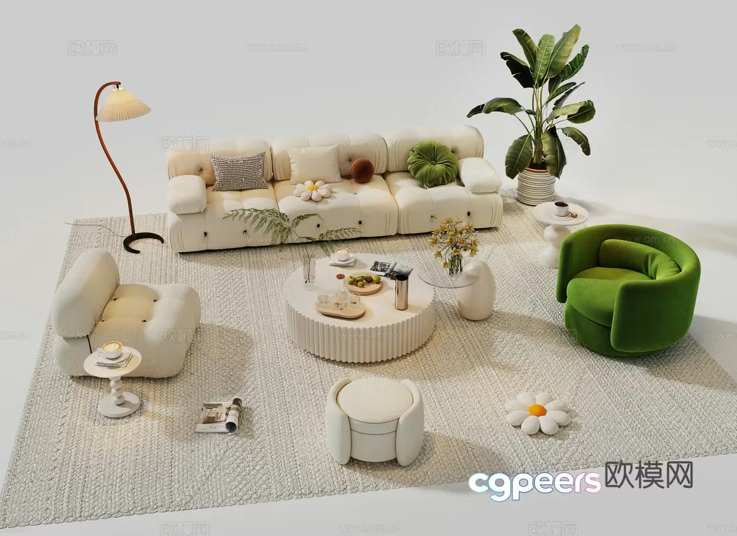 Modern cream sofa combination casual sofa sofa coffee table combination carpet floor lamp 3d model
