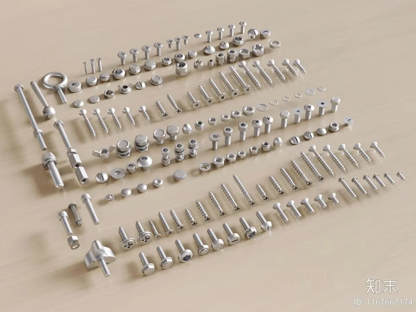 Silver Metal Screws And Bolts 3D Model – 11332 – CORONA Render