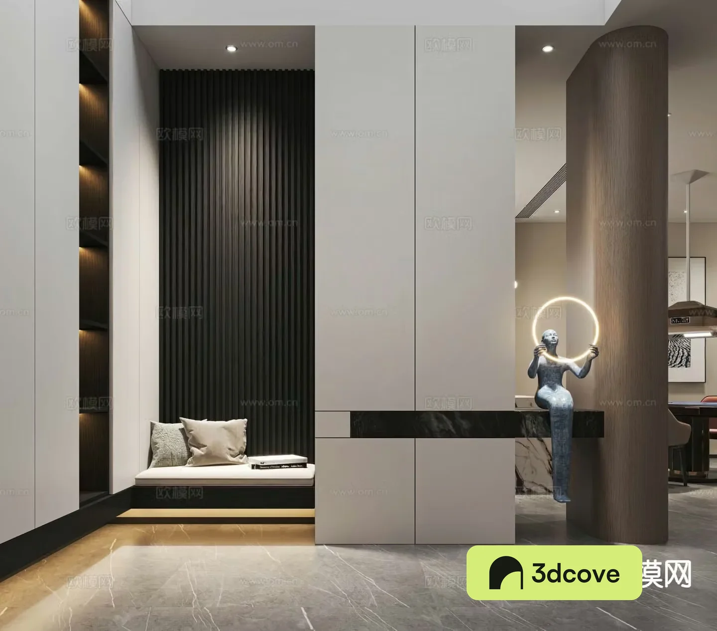 Modern entrance shoe cabinet facing wall partition