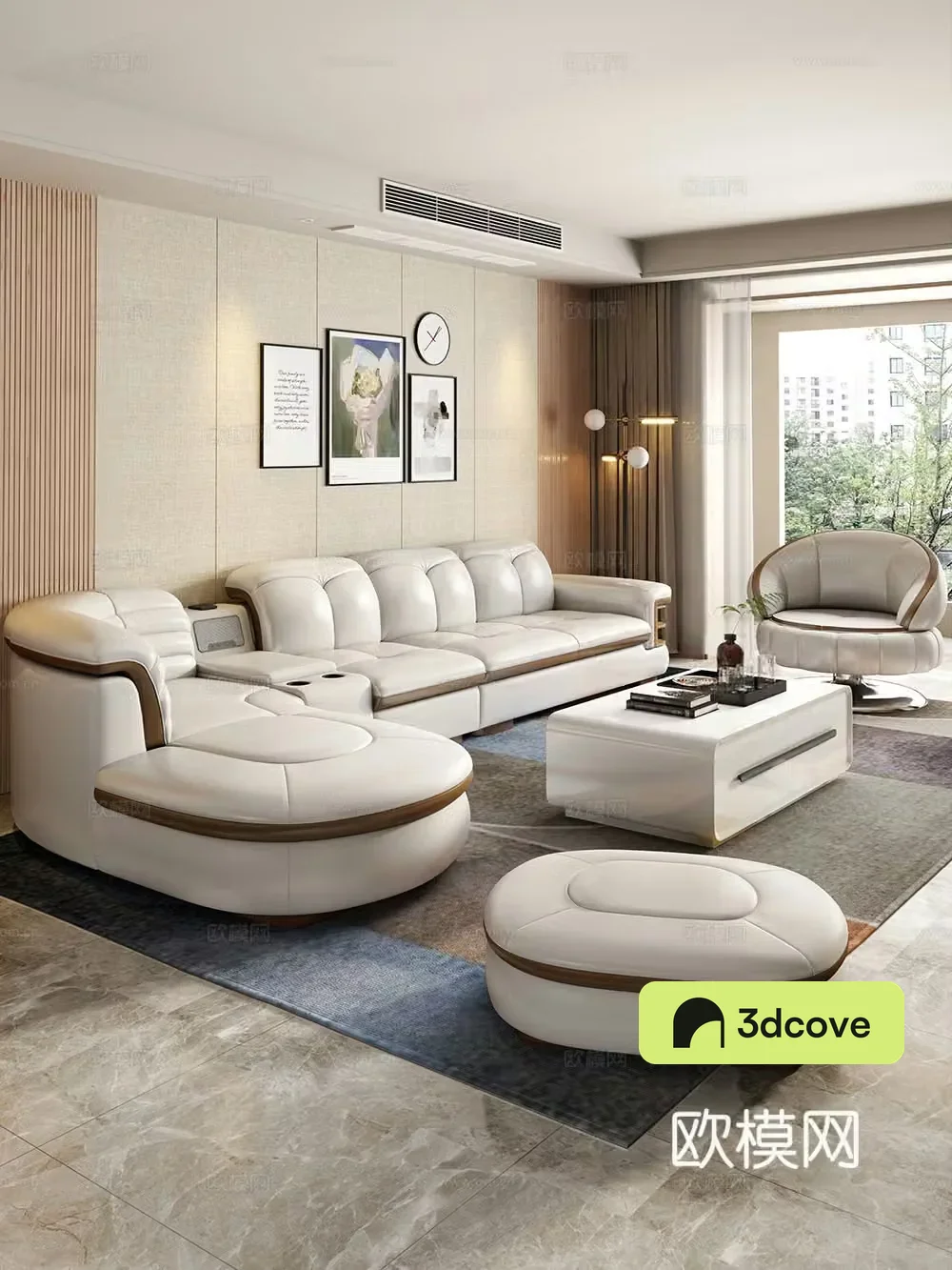 Modern simple home living room sofa coffee table combination leather sofa storage cabinet green plants ornaments