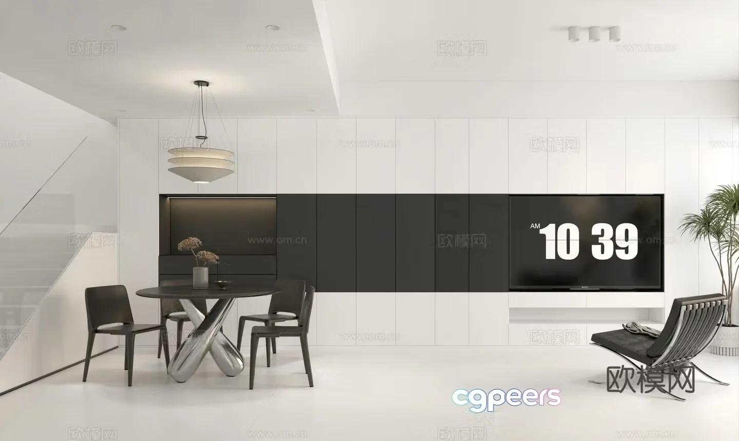 Minimalist living and dining room black and white 3D model