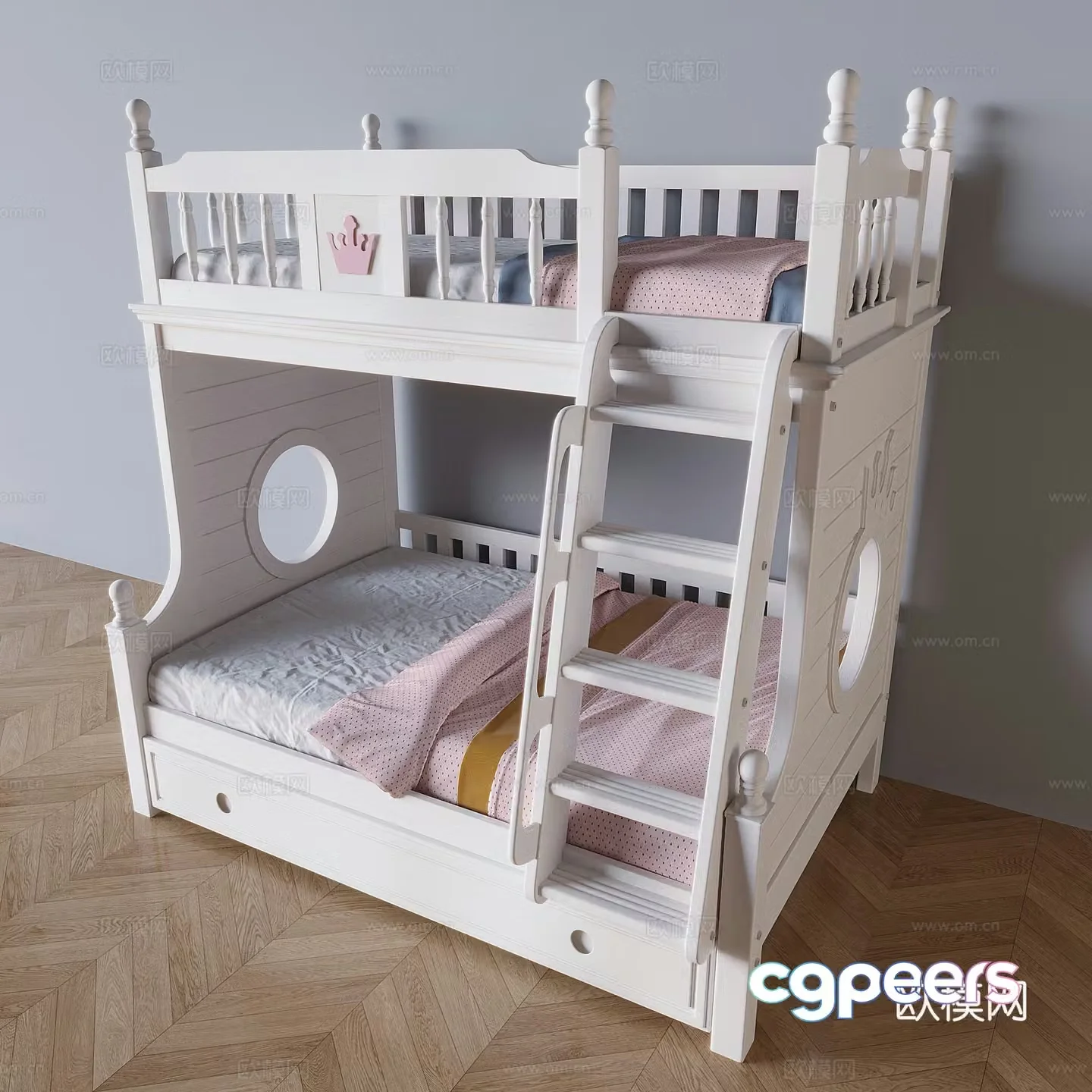 Cream style bunk bed children’s high and low bunk bed 3d model