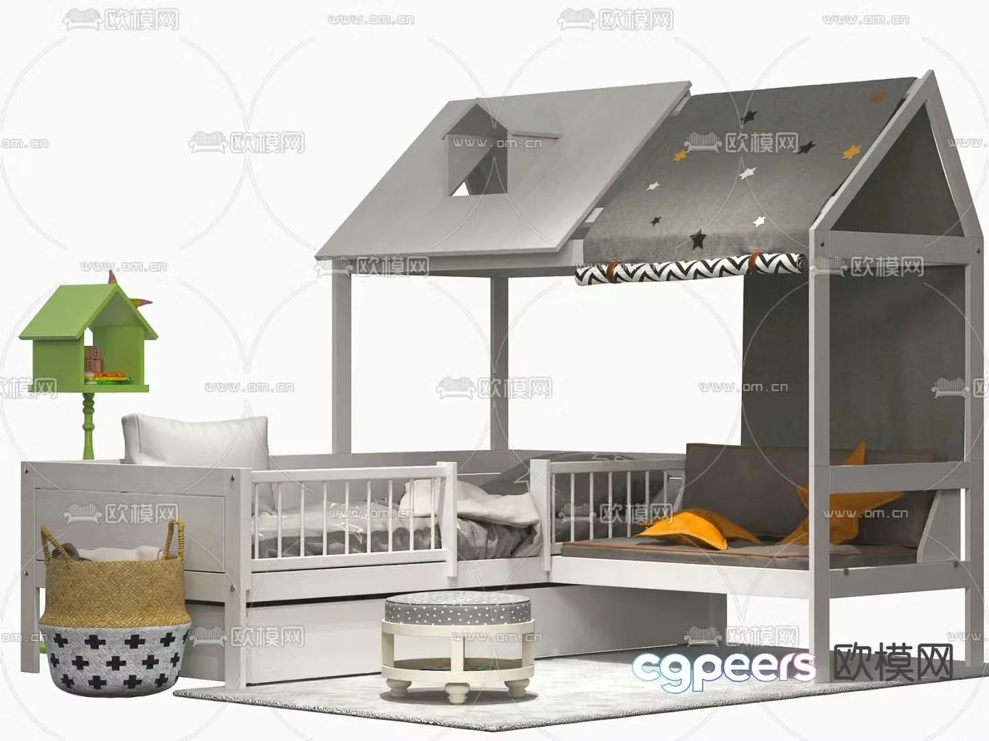 Modern solid wood corner children’s bed 3d model