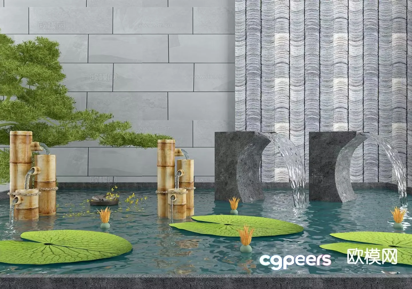 Courtyard landscape sketch dry landscape lotus water flow device 3D model