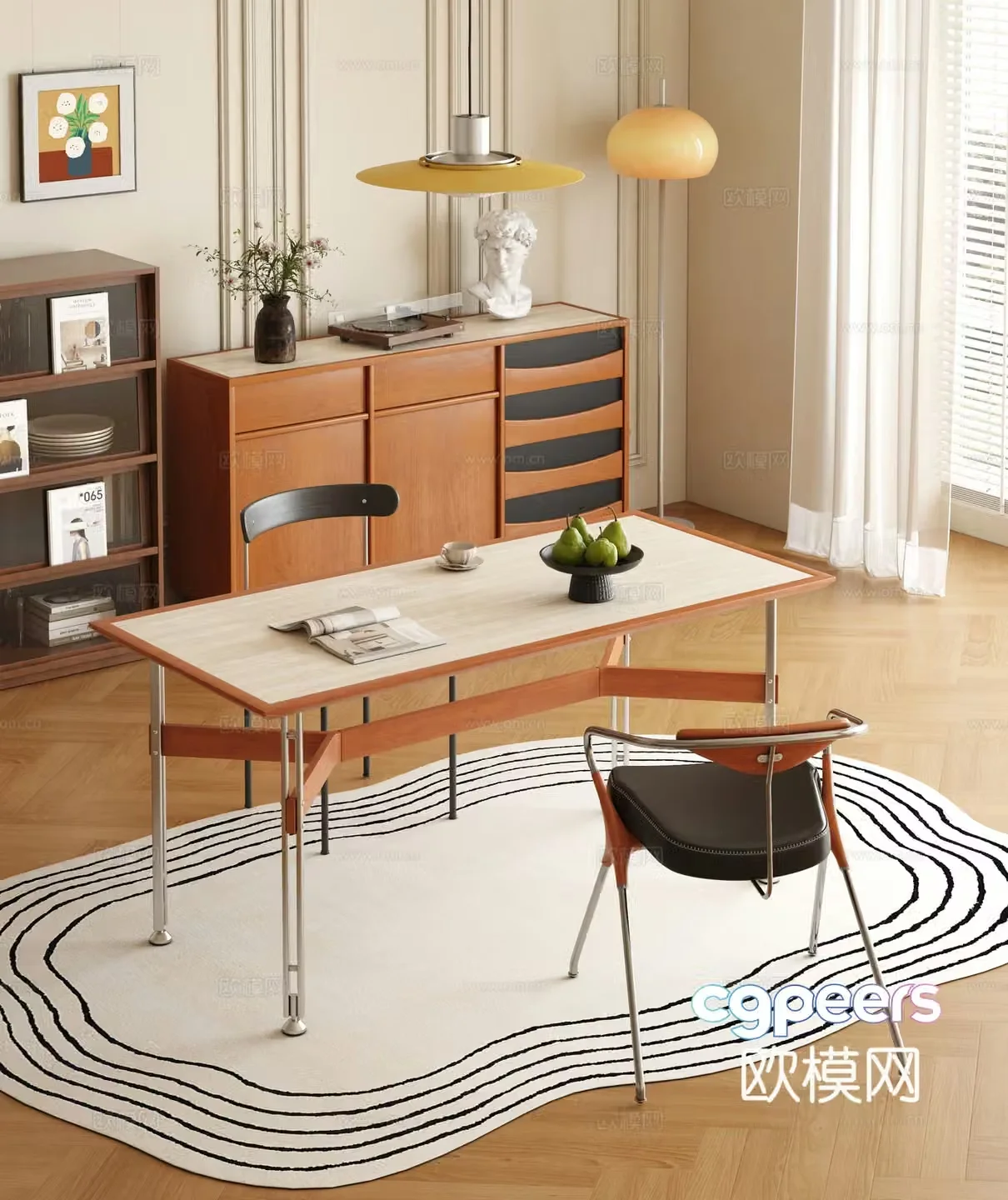 Medium vintage dining table and chairs long table solid wood hardware dining table finished dining table and chairs sideboard 3D model