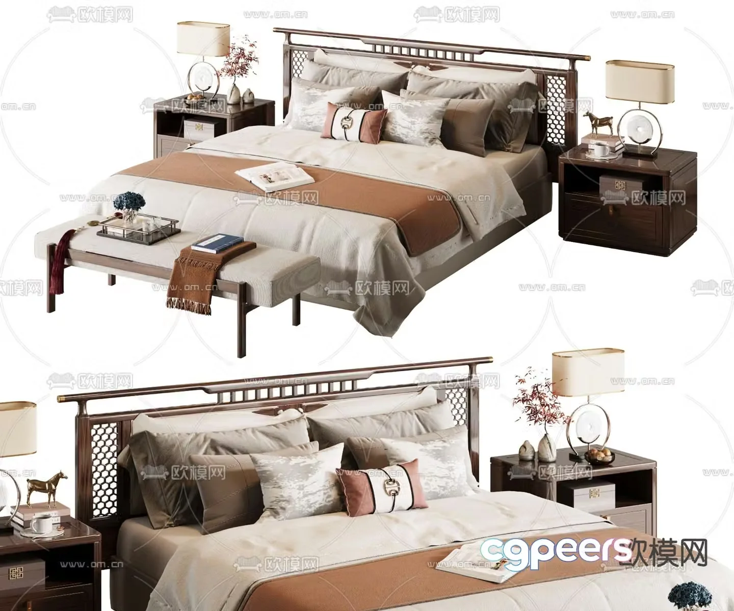 New Chinese style double bed 3d model