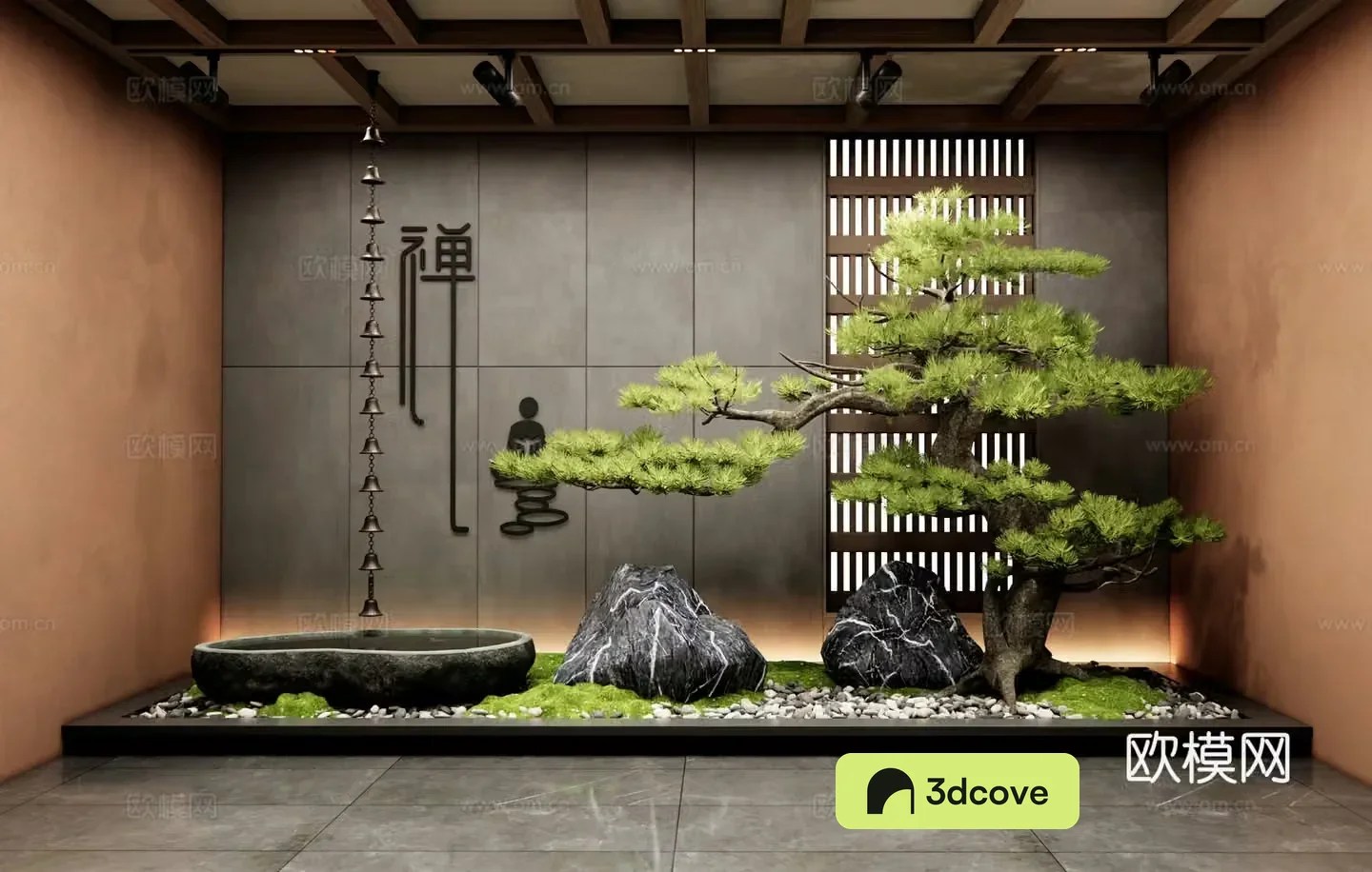 New Chinese style interior landscape courtyard landscape sketch landscape stone water bowl rain chain pine tree landscaping