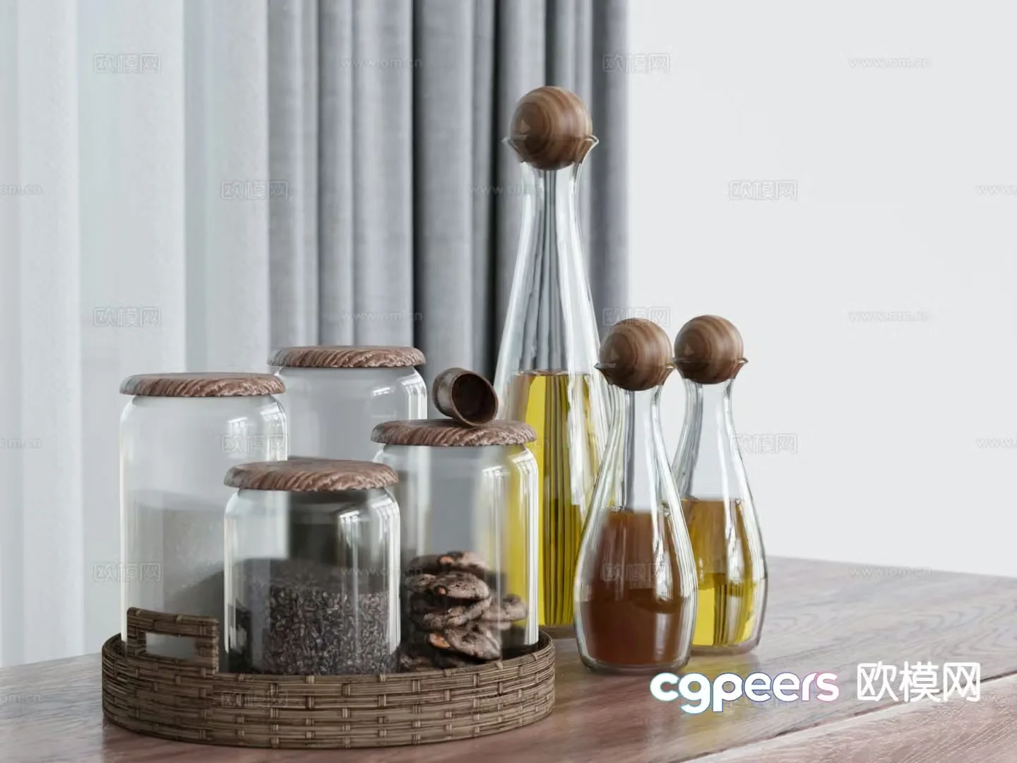 Modern kitchen accessories condiment bottles nuts beverages 3D model