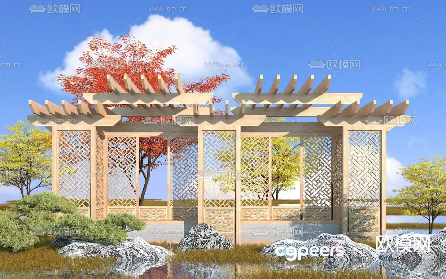 New Chinese style flower stand gallery Langfang 3D model