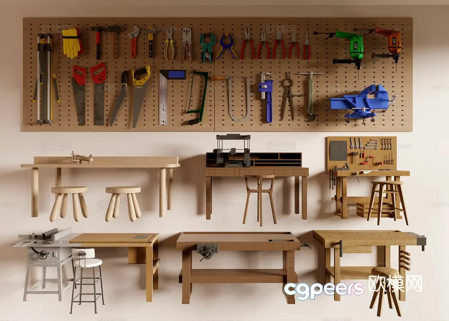 Woodworking table Workbench Hole board Hardware tool 3d model