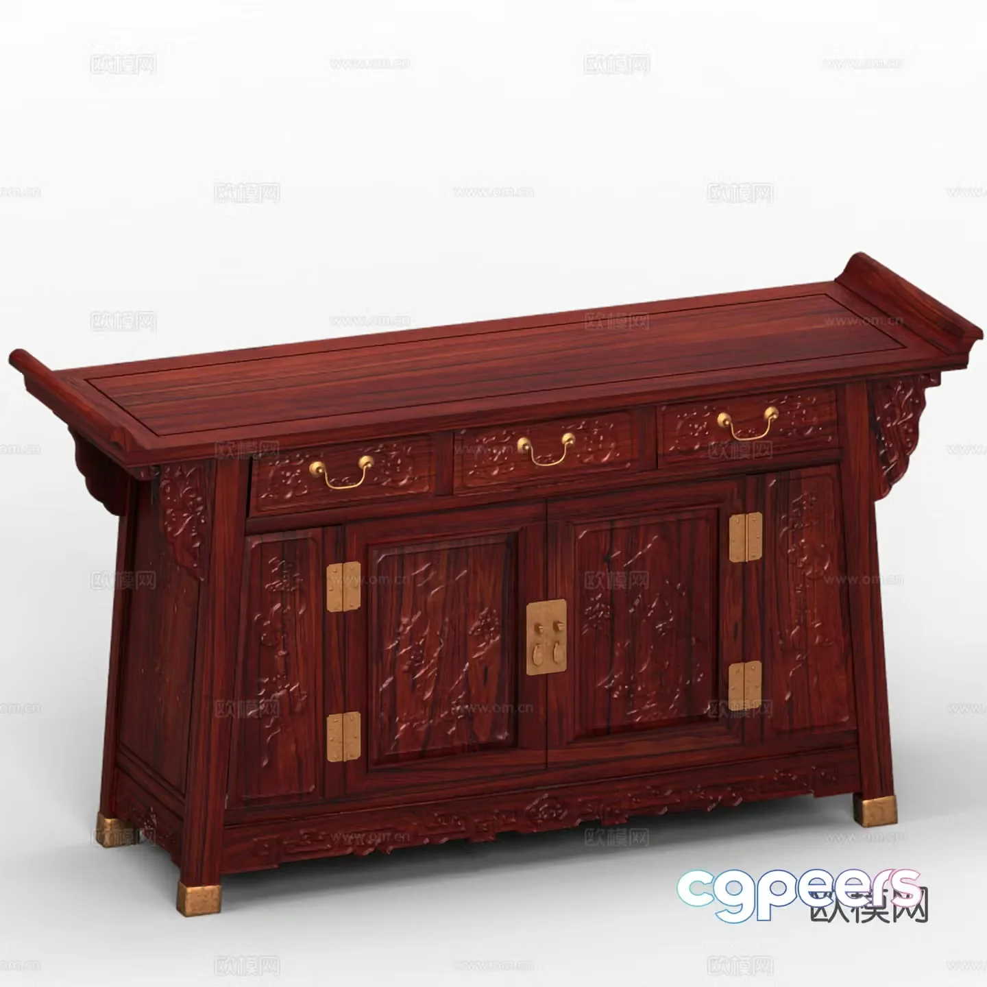 Chinese style triple cabinet altar entrance cabinet carved shape solid wood mahogany 3D model