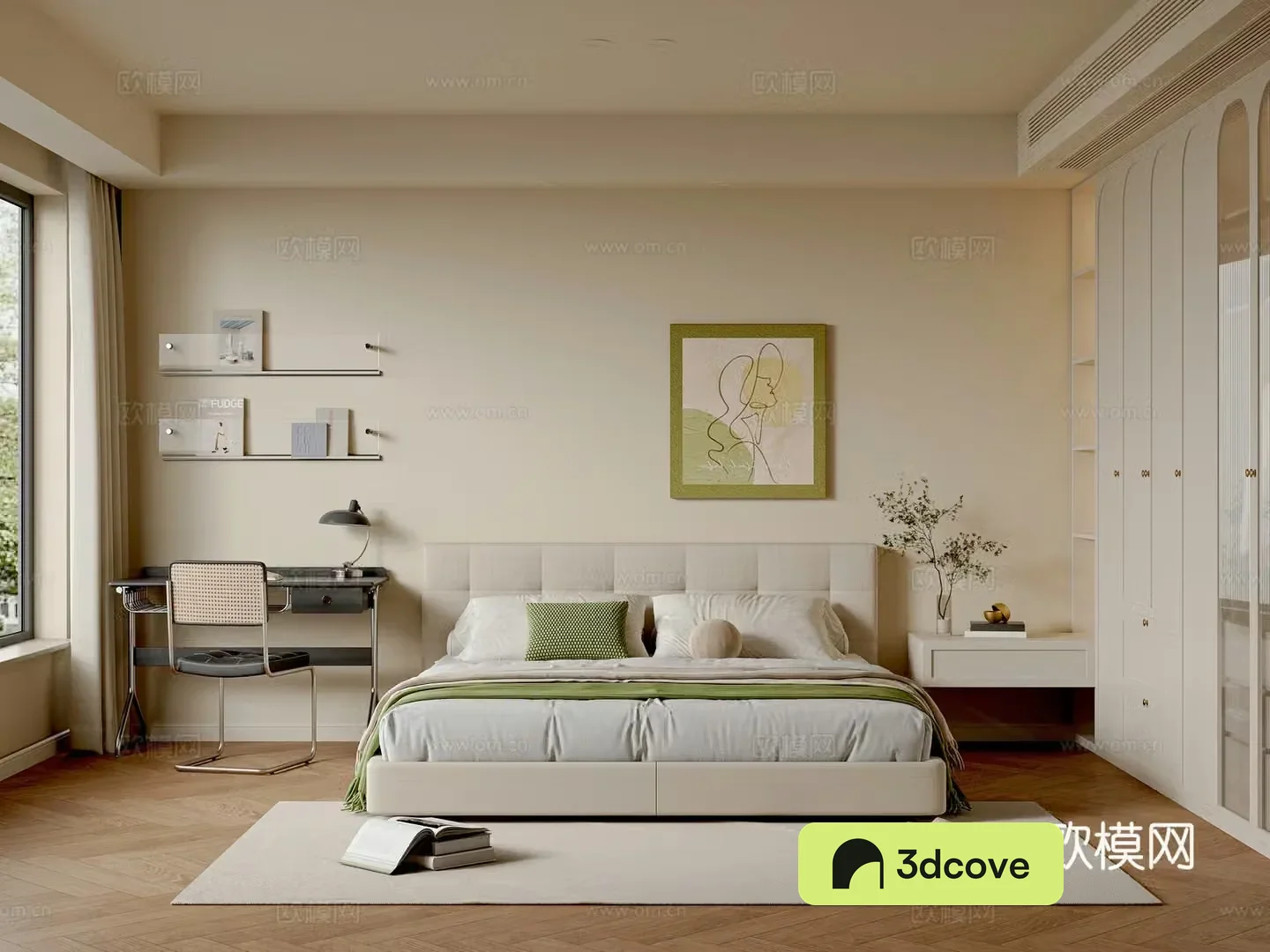 Modern creamy bedroom master bedroom double bed wardrobe desk chair hanging painting bookshelf