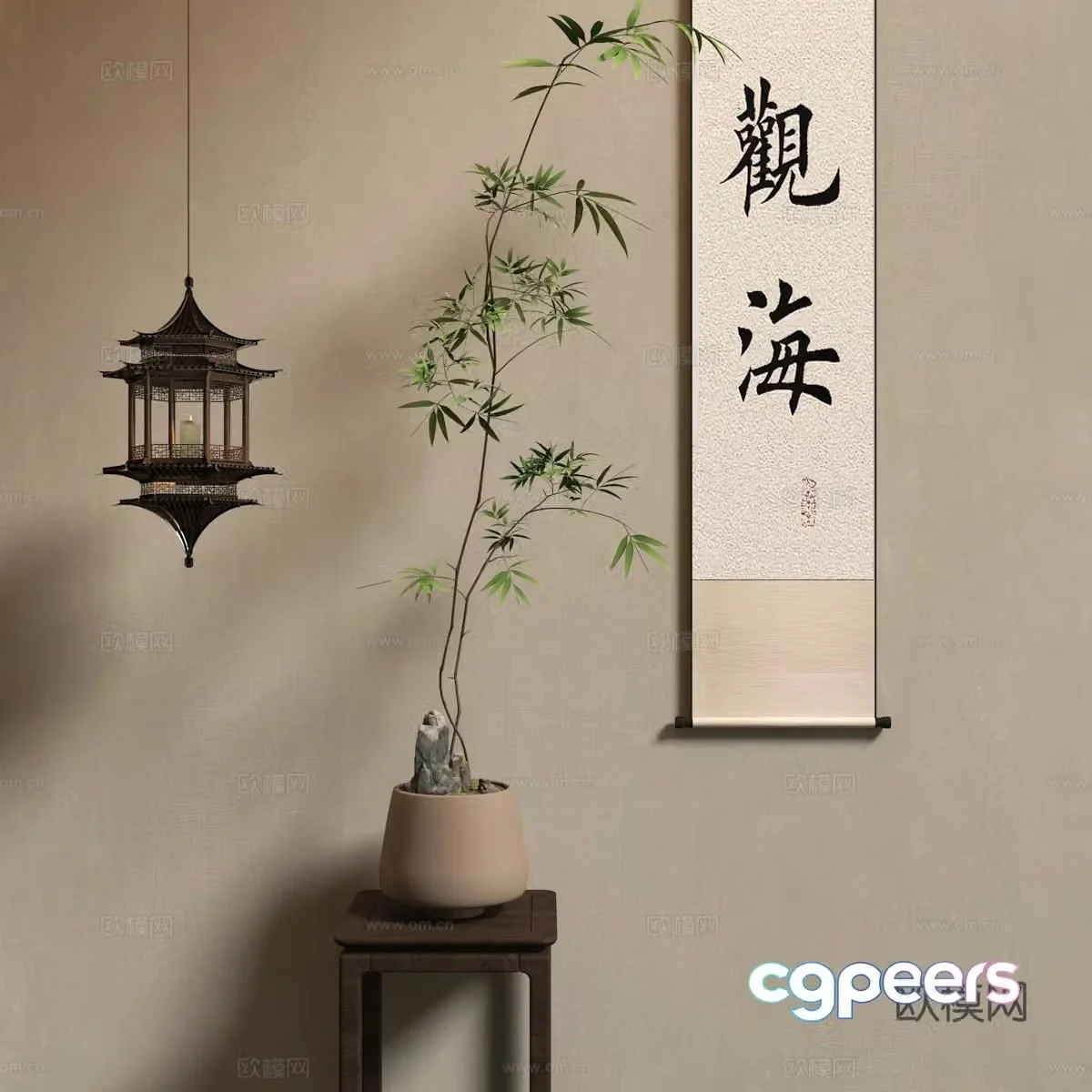 New Chinese style bonsai chandeliers calligraphy and paintings hanging paintings 3D model