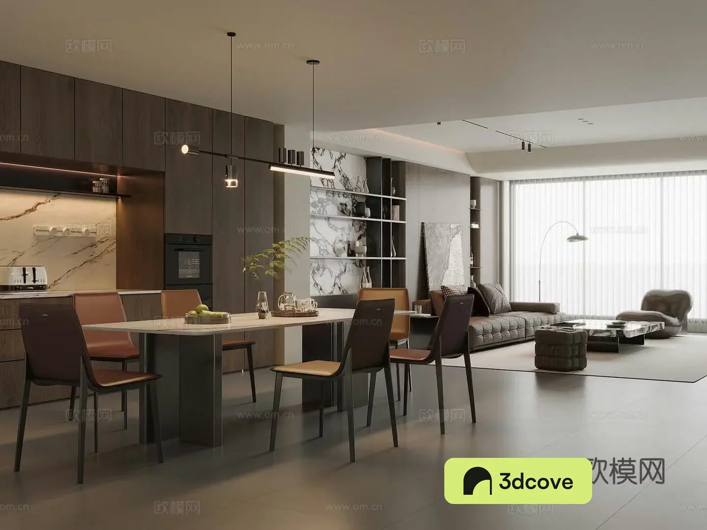 Modern Italian dining room marble dining table and chairs sideboard wine cabinet leather sofa coffee table combination
