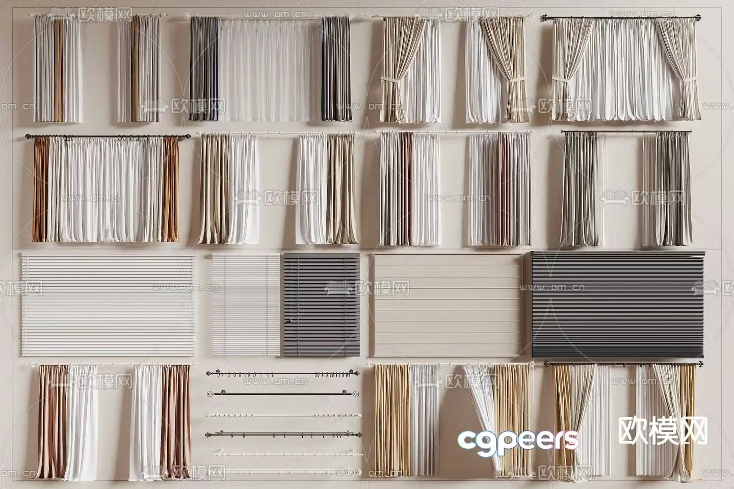 Plain curtains window screens venetian blinds 3d model