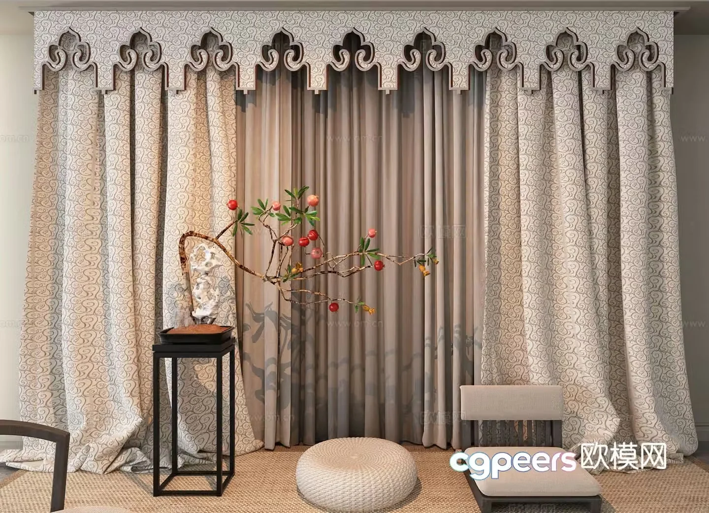 New Chinese style curtain curtain head potted plant Tuanfu 3D model