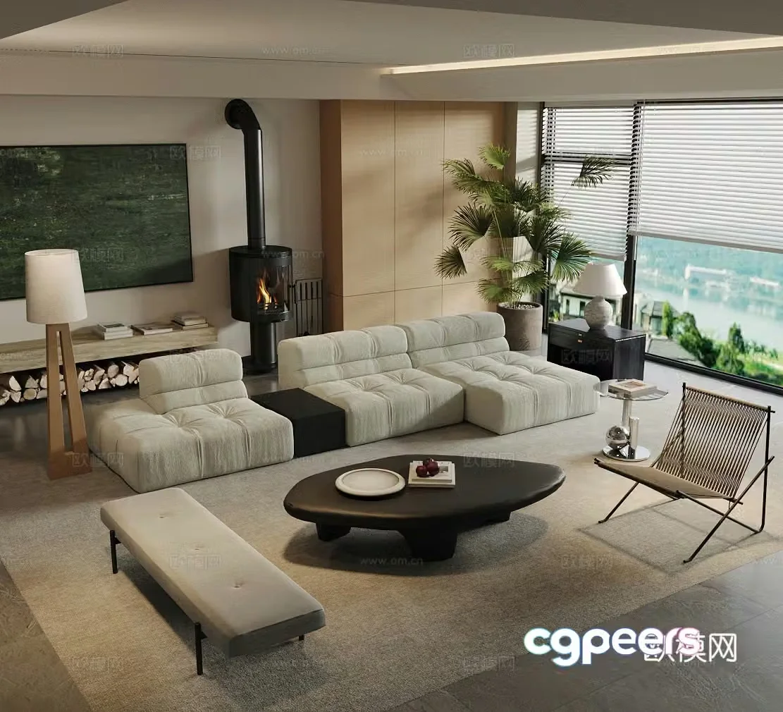Modern log home living room Log style living room Sofa coffee table combination Black and white gray living room 3D model