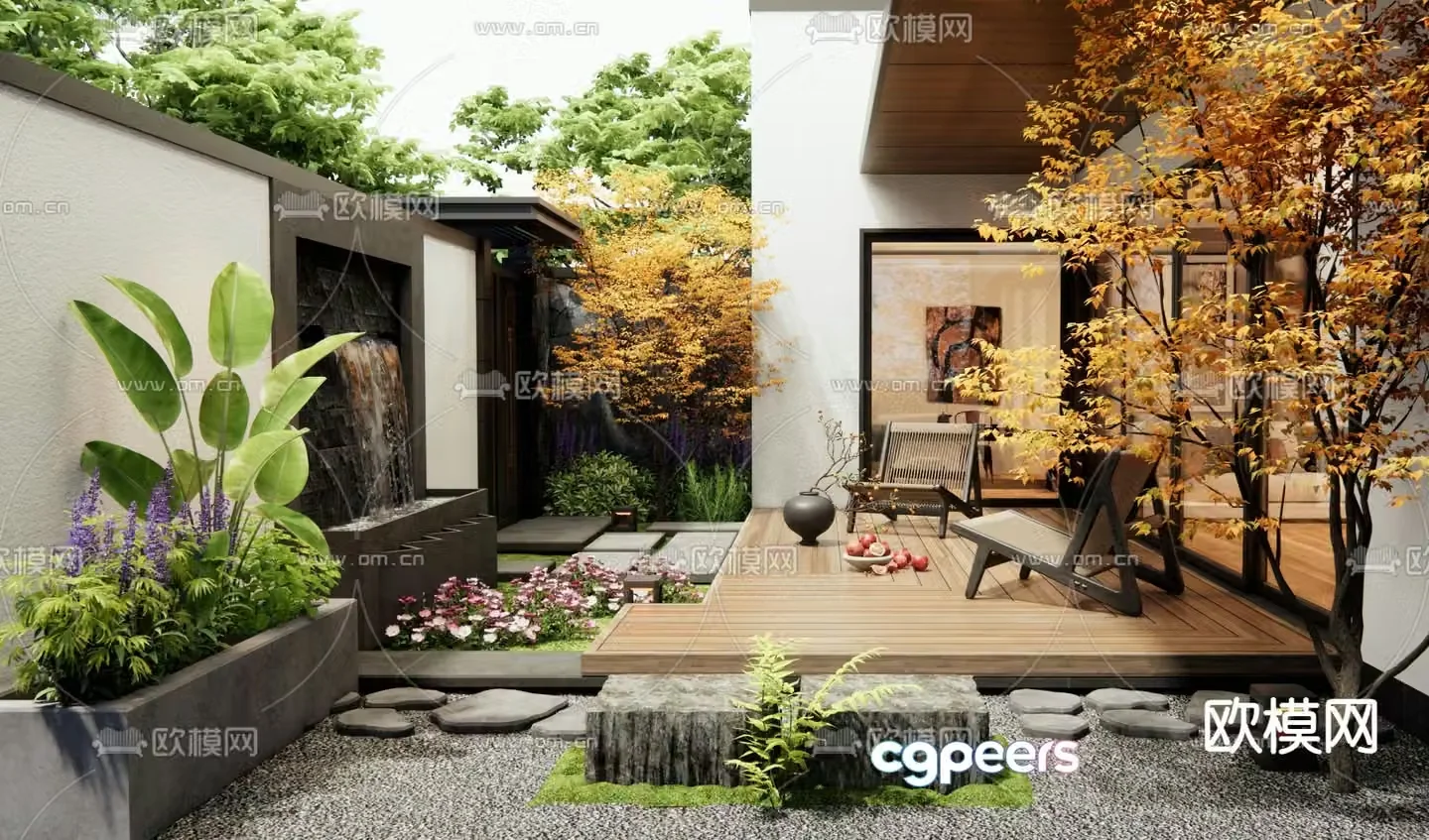 Courtyard landscape patio garden plant pile water feature wall 3d model
