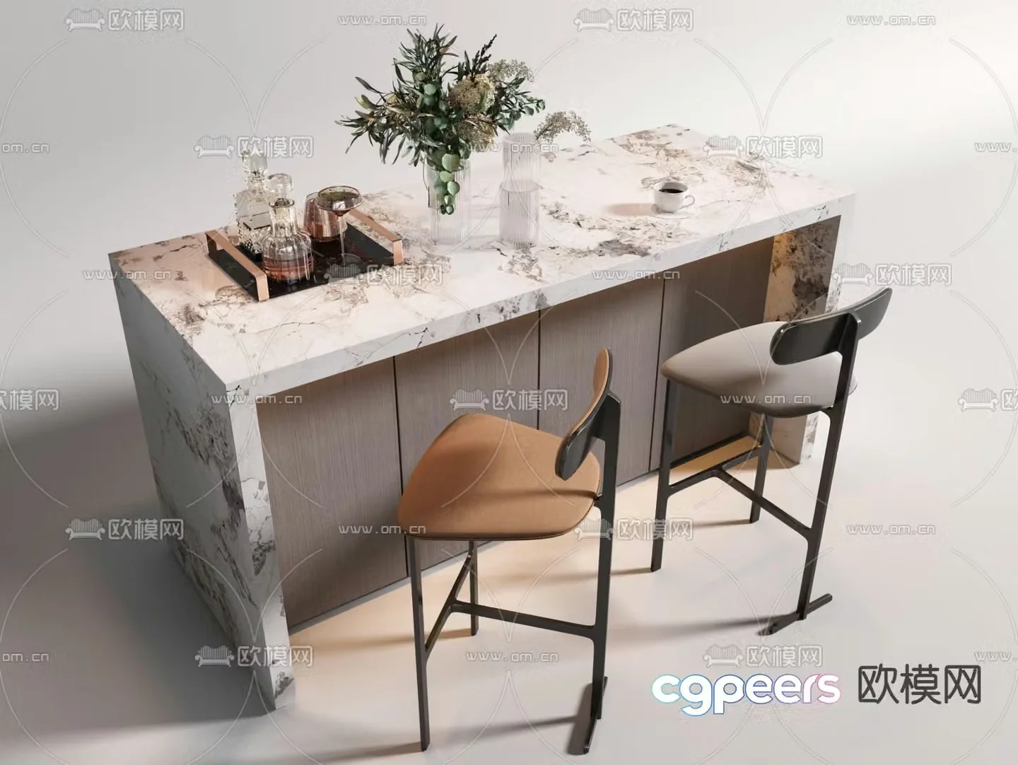 Modern bar counter bar chair island table 3D model