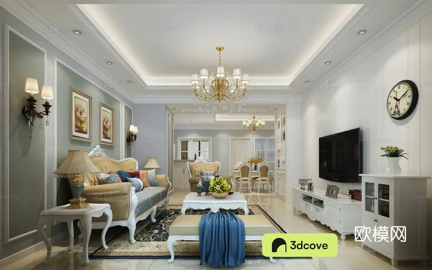 Simple European living and dining room sofa coffee table chandeliers TV cabinet hanging painting side cabinet dining table chair