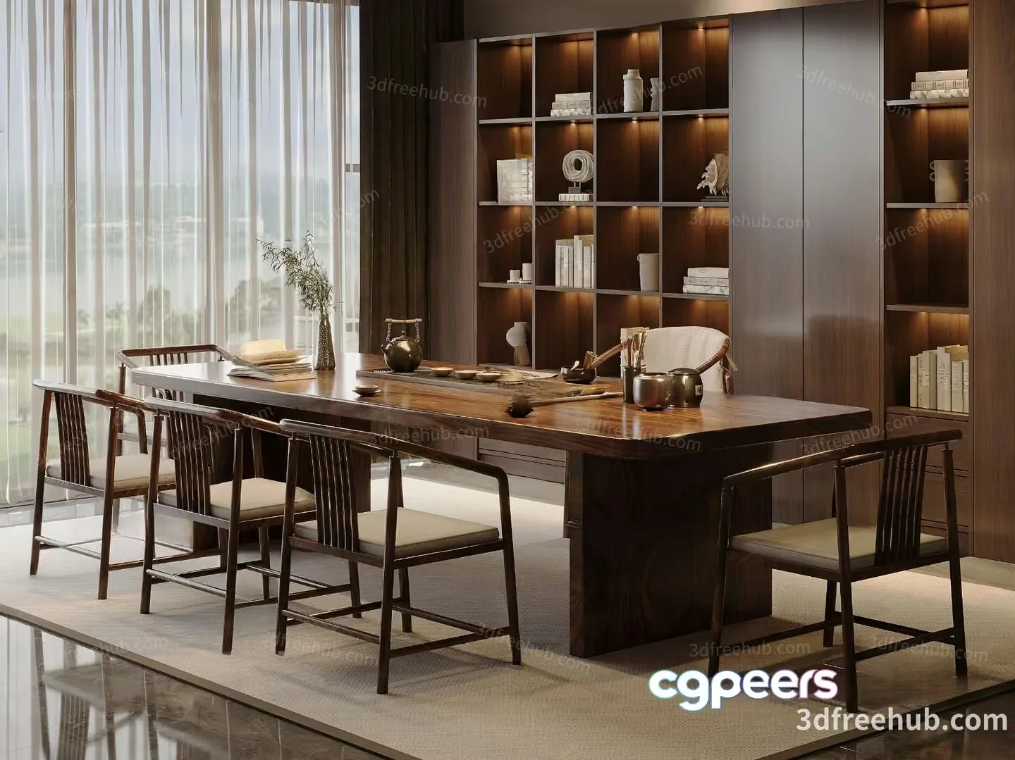A Large Wooden Table With Chairs 3D Model – 21208 – VRAY Render