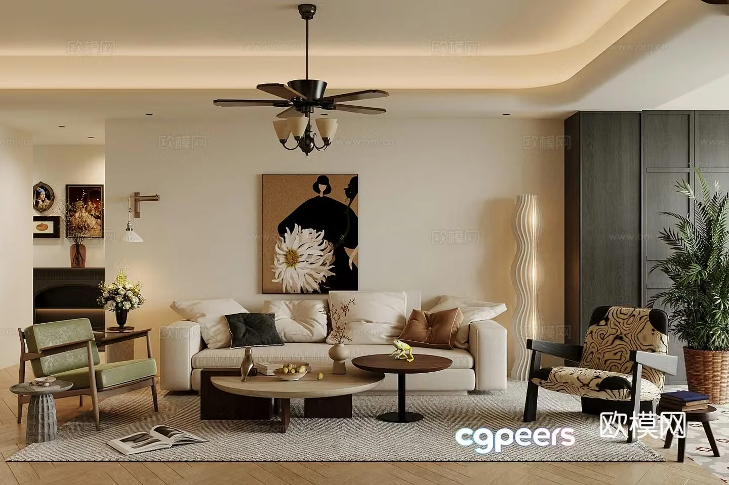 Medium cream home living room retro style living room sofa coffee table combination medium style leisure chair 3D model