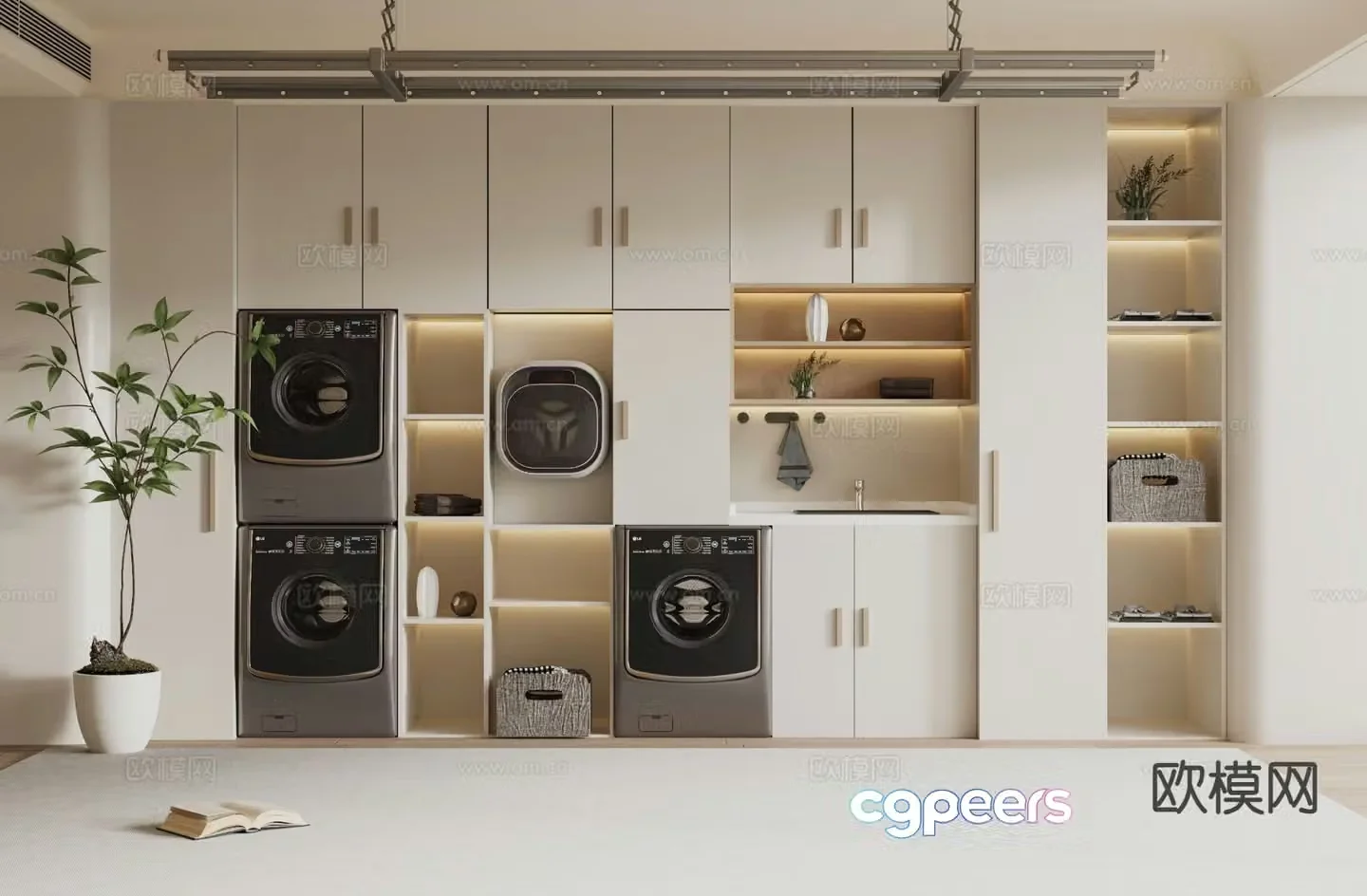 Cream style washing machine cabinet balcony cabinet 3D model