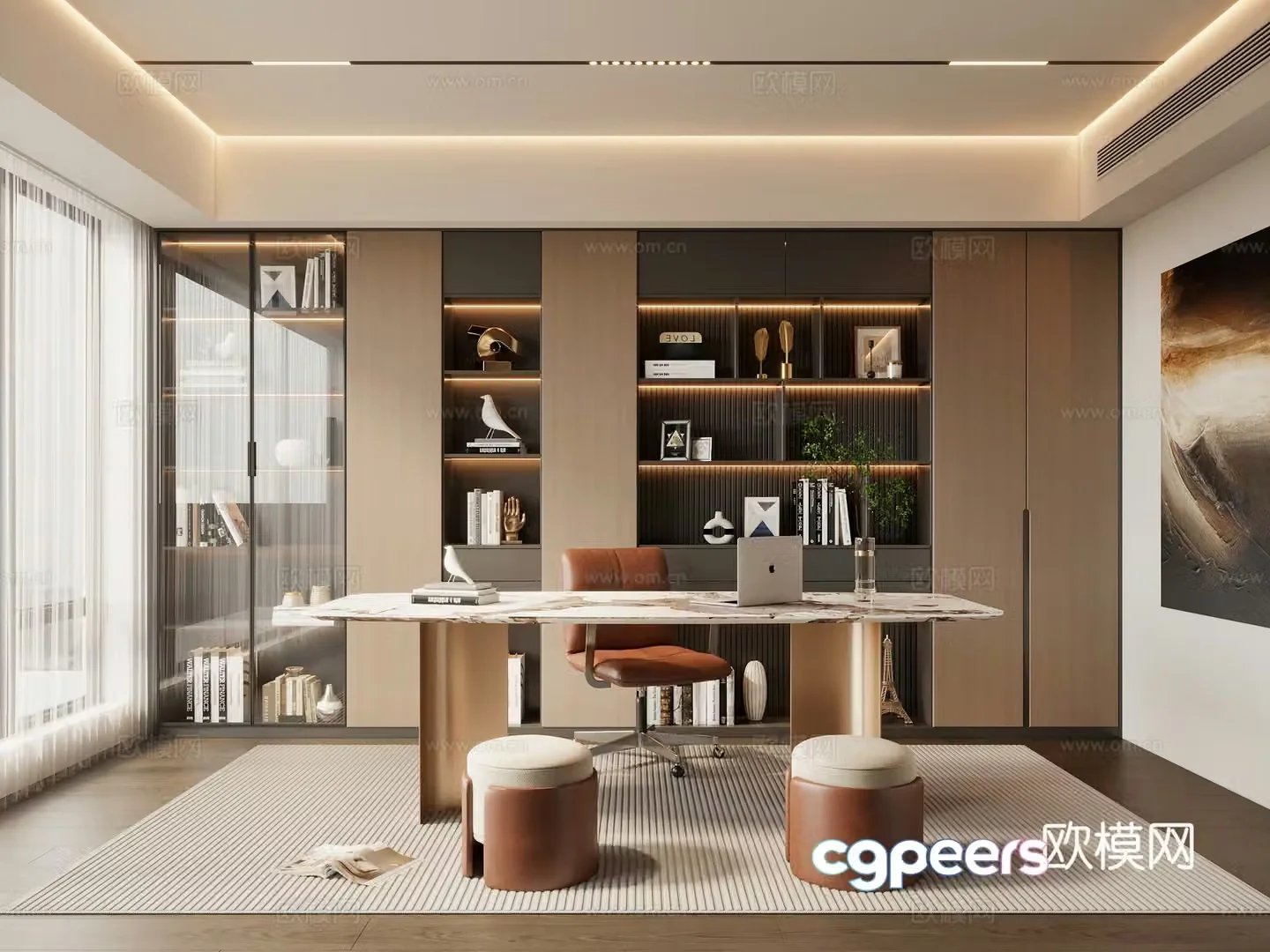 Modern light luxury Italian study desk and chair bookcase 3d model