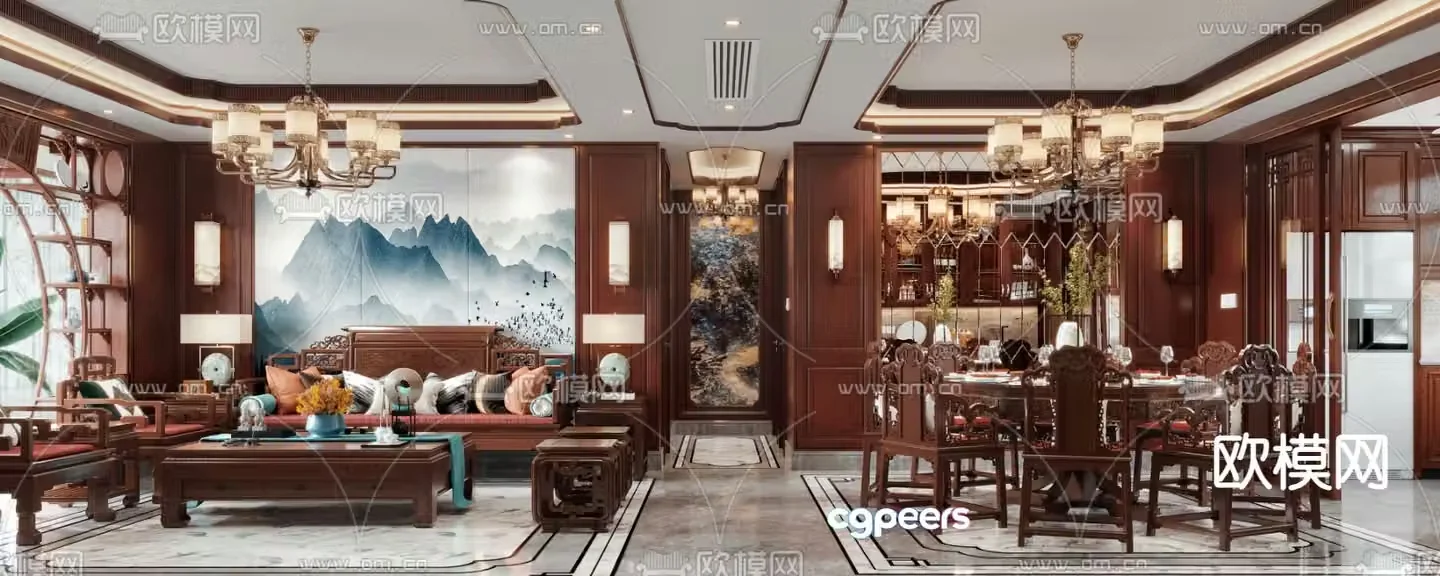 Chinese living and dining room 3D model