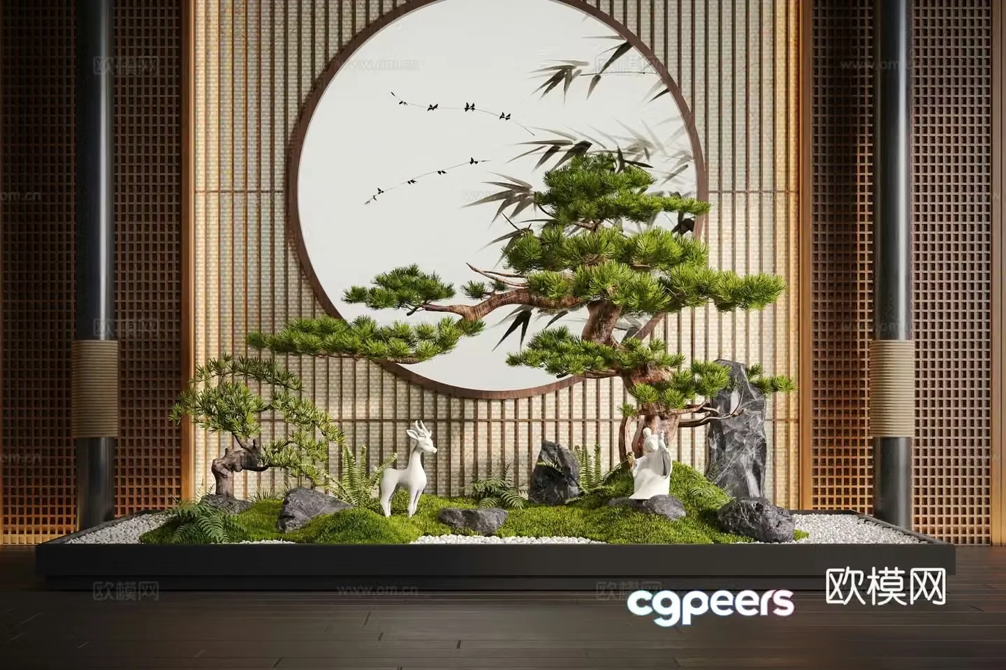 New Chinese style interior landscape plant landscaping pine moss landscape stone 3D model