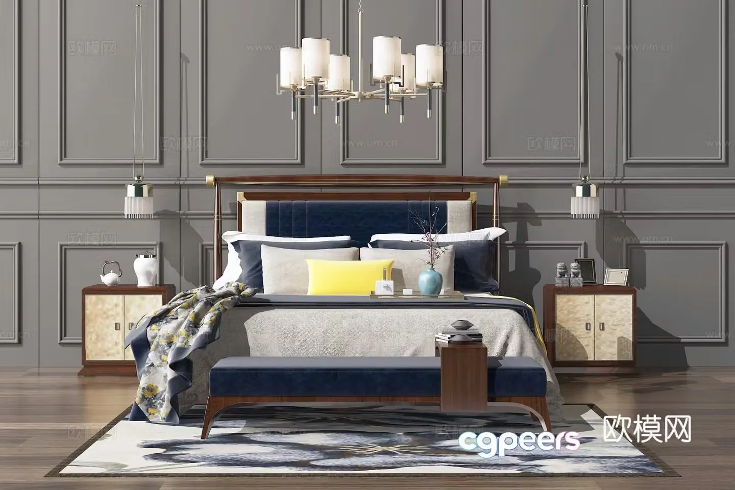 New Chinese-style solid wood double bed chandeliers combination 3D model