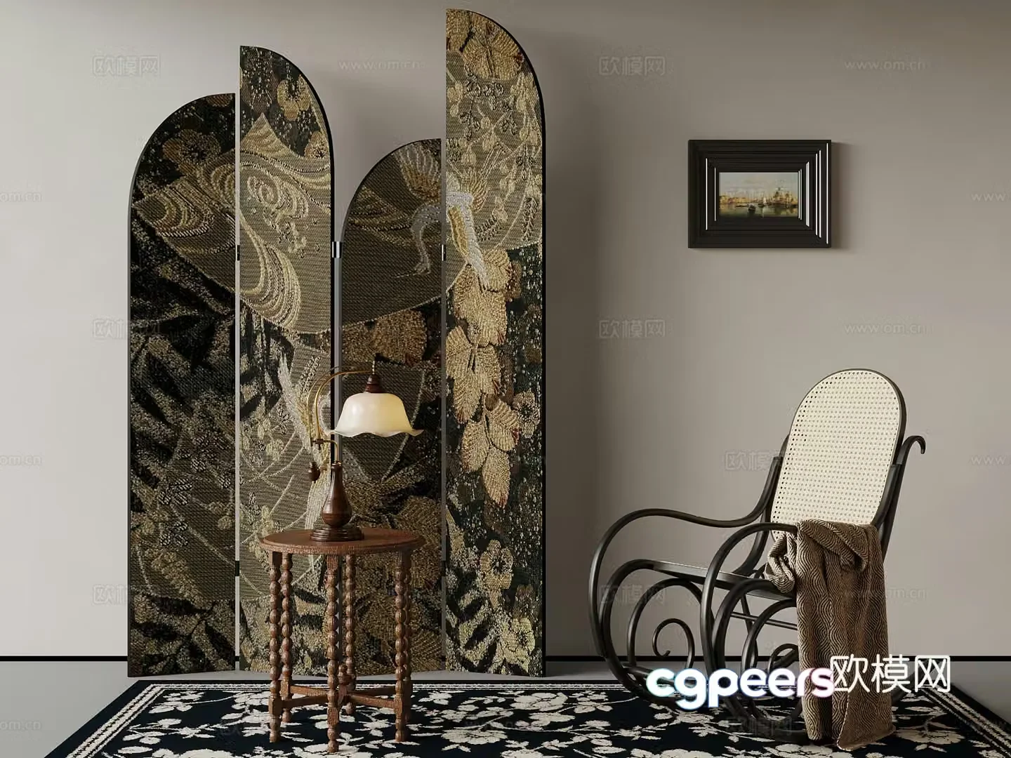15 French lounge chair screen side table lamp 3d model