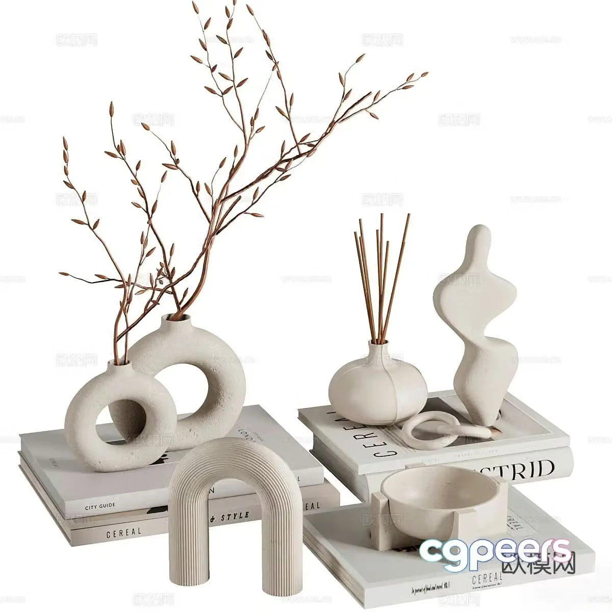 Modern decorations tableware books vase 3d model