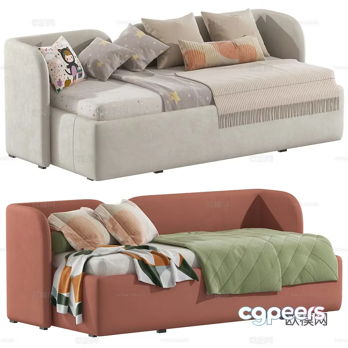 Modern cream style children’s fabric sofa bed 3d model