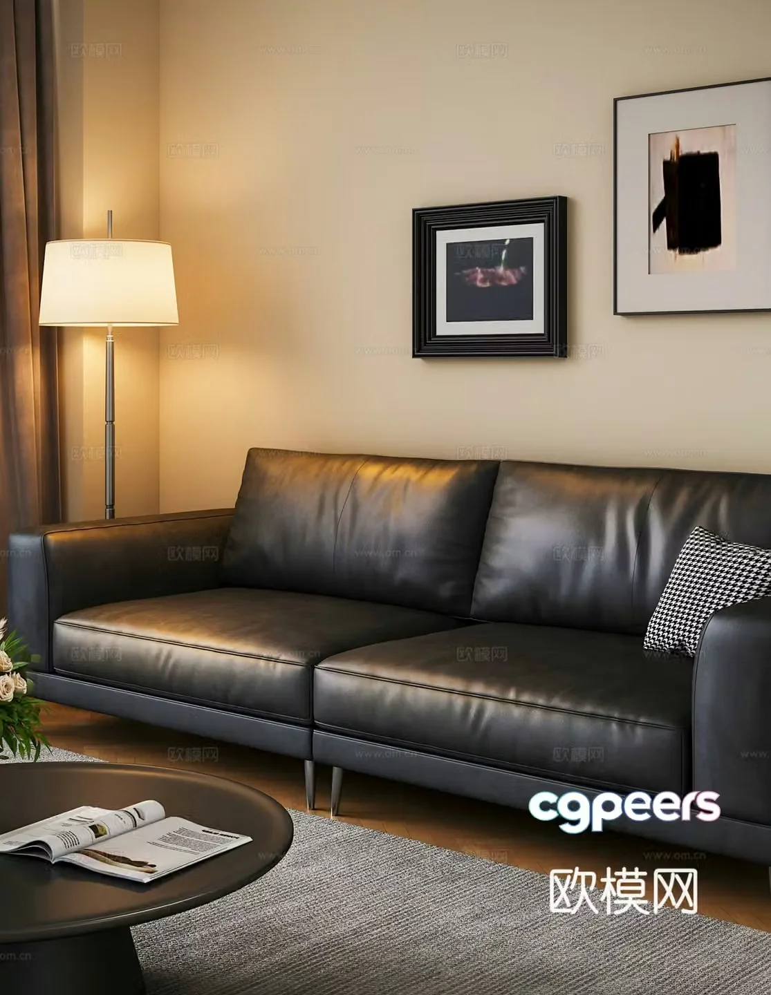Middle-aged simple double sofa tofu block sofa sofa leather sofa 3D model