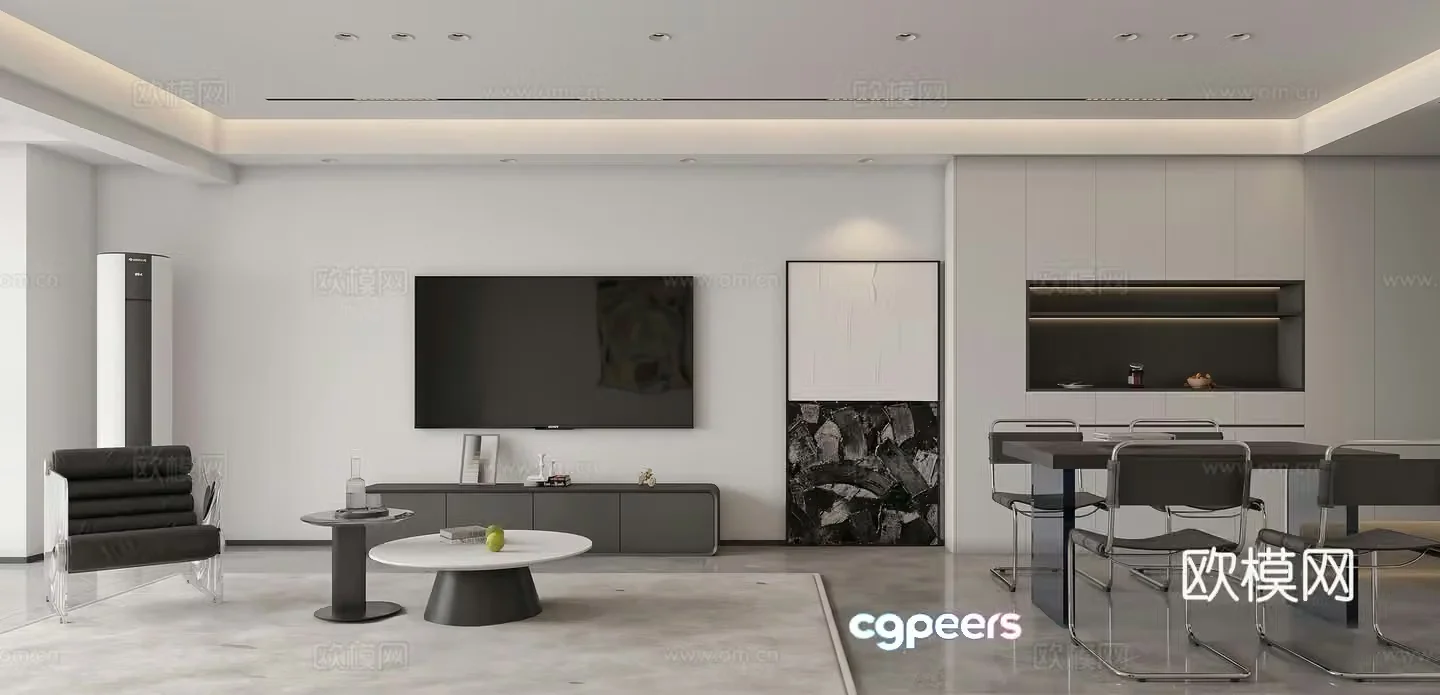Modern living room and dining room TV background wall TV cabinet wine cabinet dining table simple modern living room 3d model