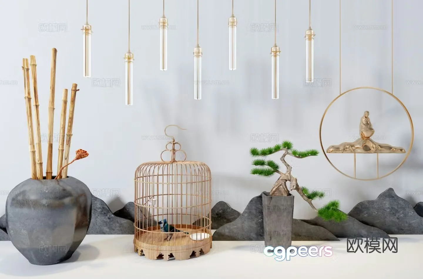 New Chinese style ornaments birdcage pine tree 3d model