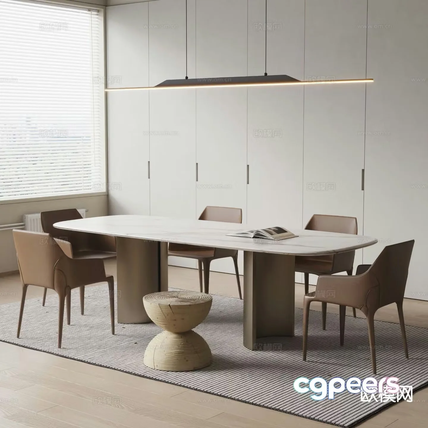 Modern long dining table and chairs 3d model
